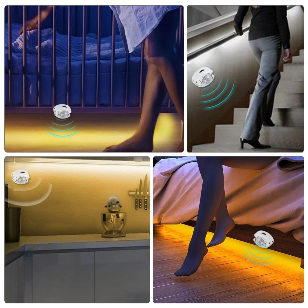 Showlu Smart General LED Under Bed Motion Sensor Light illuminating a bedroom floor with a sleek, energy-efficient design.