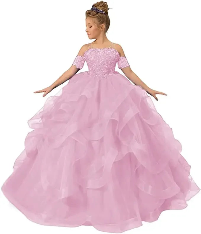 Off-shoulder tulle flower girl dress by Gdybao for kids, featuring a ball gown style with floral appliques and elegant design.