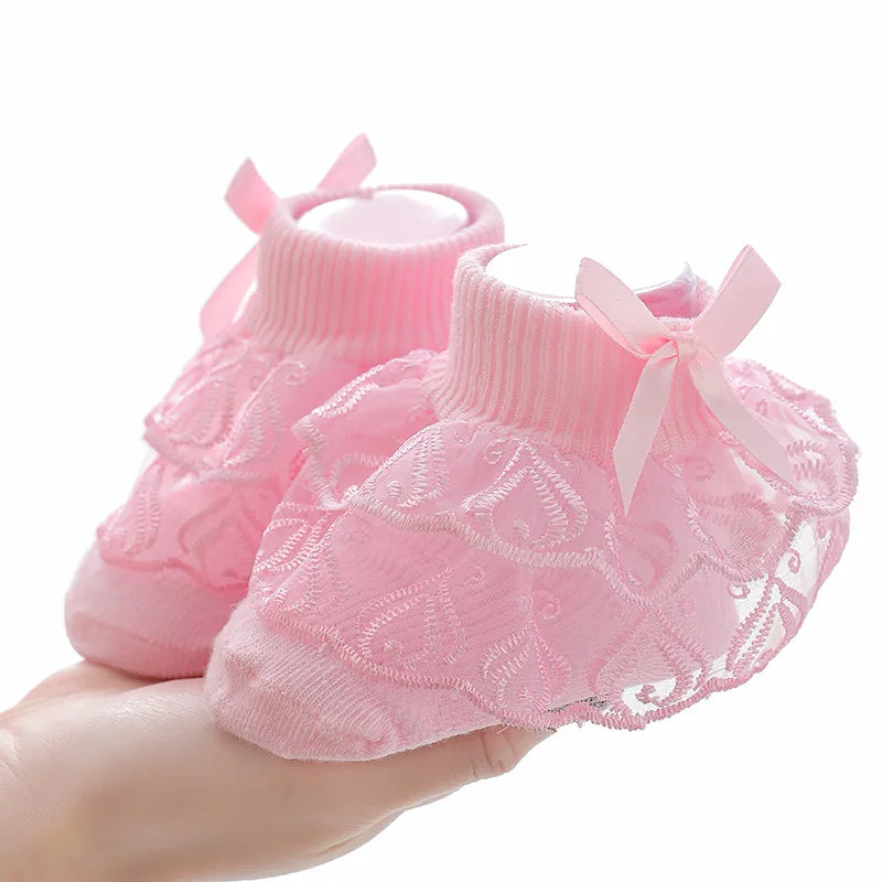 Toddler cotton lace ruffle princess mesh ankle socks in bright candy colors, breathable and lightweight for 0-2 year old children.