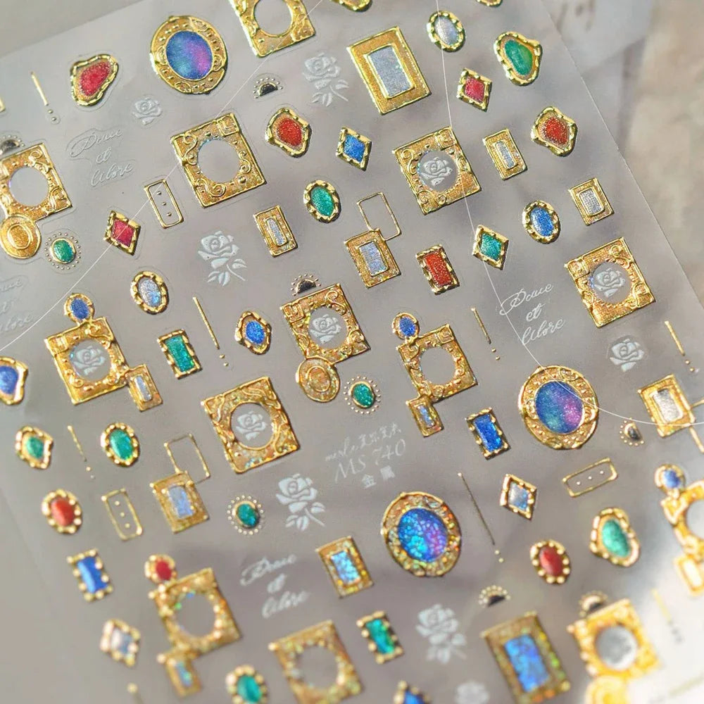 Elegant gold scepter 5D nail art stickers with gemstone patterns, showcasing luxurious self-adhesive manicure decals.
