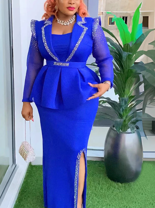 Women Fashion Celebrate Evening Party Dress Turn Down Neck Diamond See Through Long Sleeve Slim Slit Birthday Wedding Guest Robe