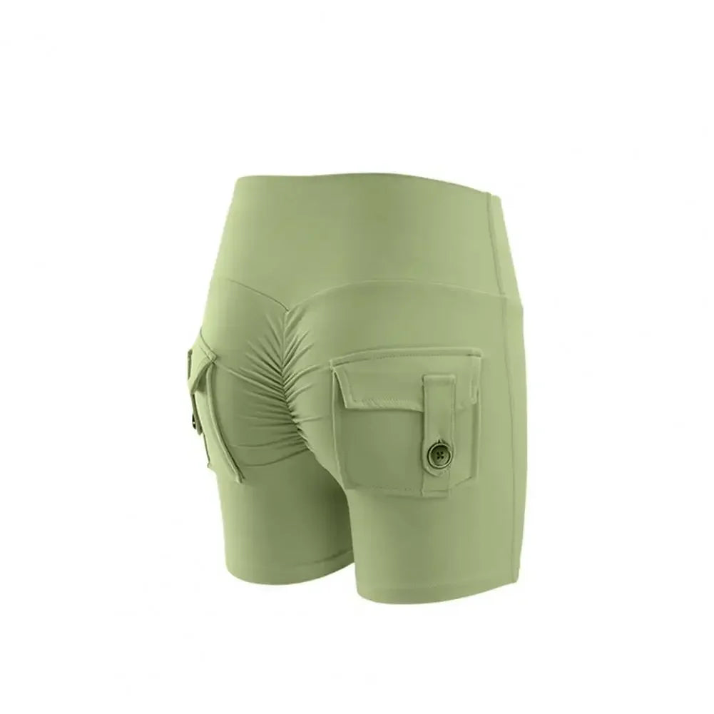 SANWOOD women's high waist peach yoga shorts with pockets, designed for lifting and comfort during workouts.