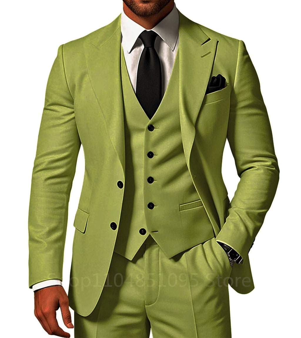 Three-piece solid wedding men's suit set by Showlu Fashion, includes tuxedo jacket, pants, and vest with peak lapel details.