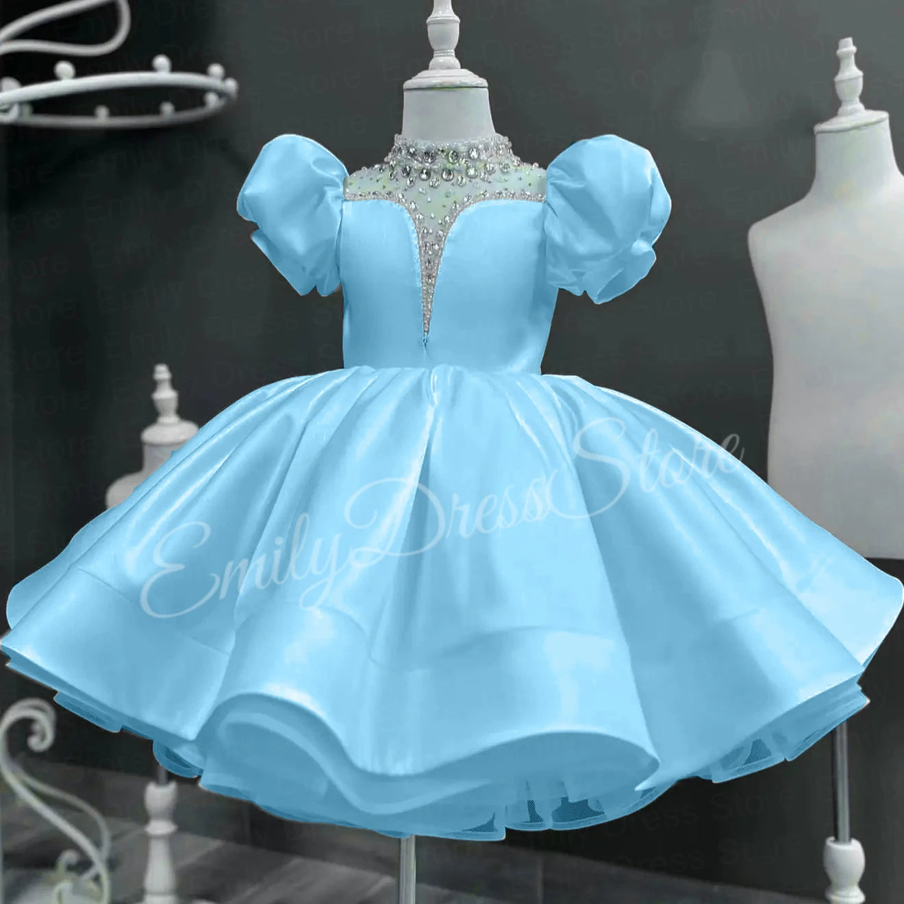 Customized Black Flower Girl Dress For Wedding Beaded Puffy Knee Length Baby Kids Birthday Pageant First Communion Gown