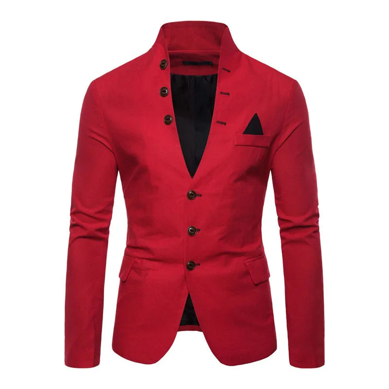 Men's slim fit casual blazer with multi-button decoration, stand collar, solid color, suitable for dress, stage, or parties.
