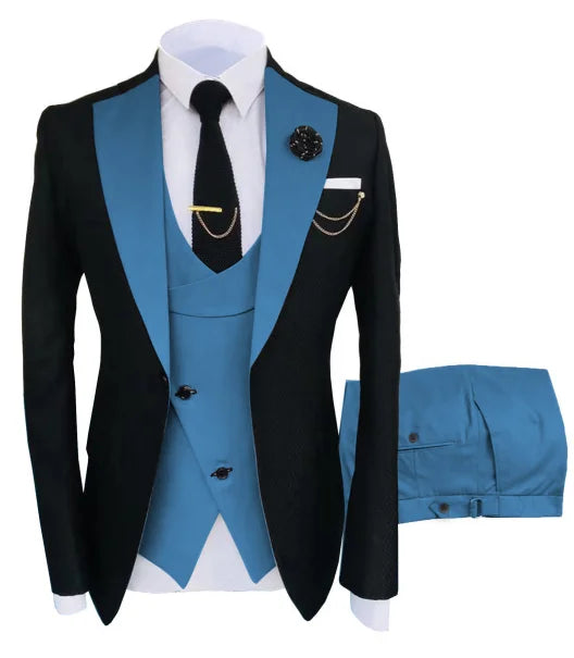 Men's luxury tuxedo 3-piece suit with jacket, trousers, and vest, perfect for parties, groomsmen, or formal events.