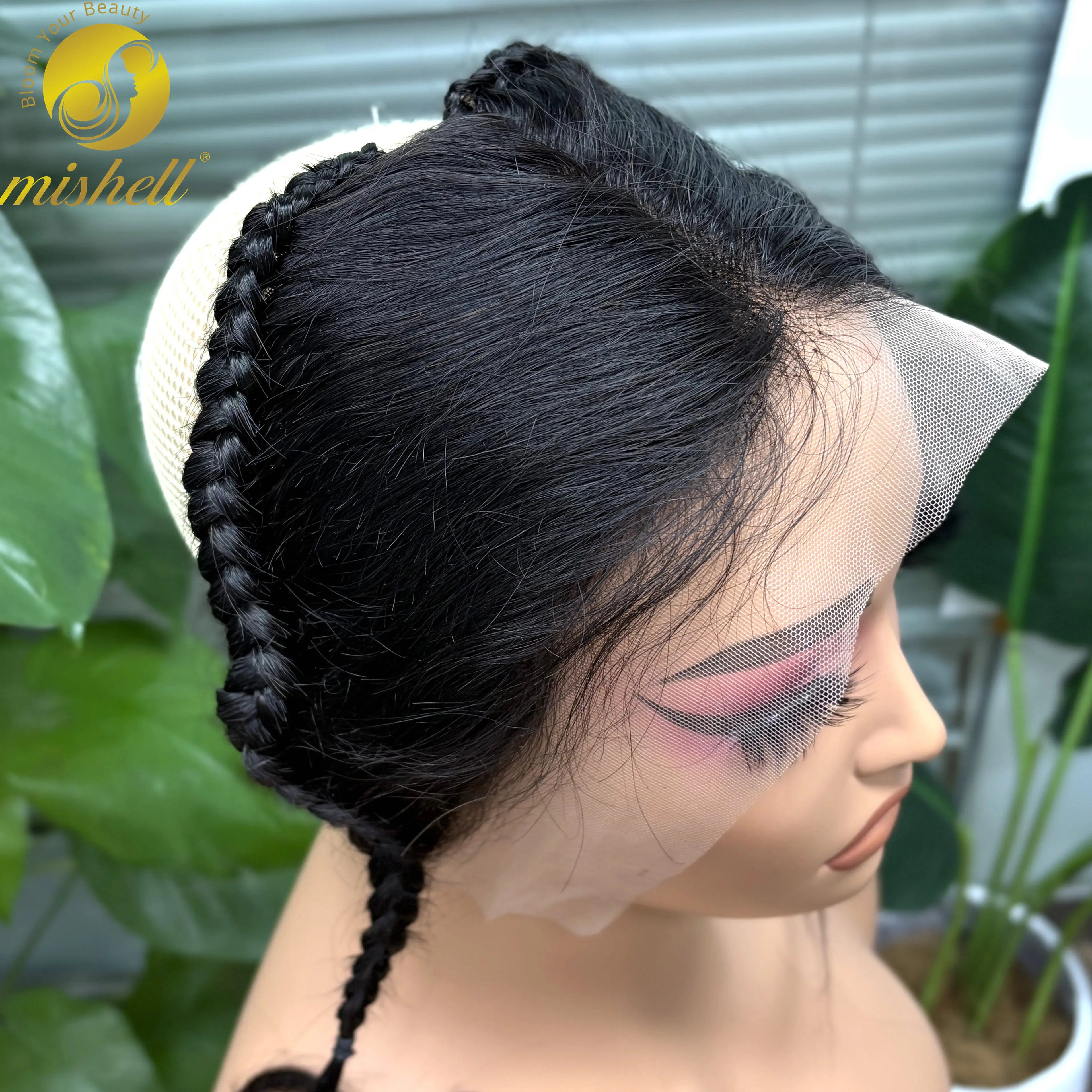 Transparent lace frontal with 10-inch braided Brazilian Remy hair from MISHELL, showcasing natural hair texture and lace detailing.