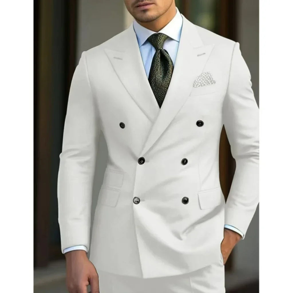 Men's two-piece summer outfit set with slim high-quality jacket, pointed collar, peak lapel, suitable for weddings and beach events.