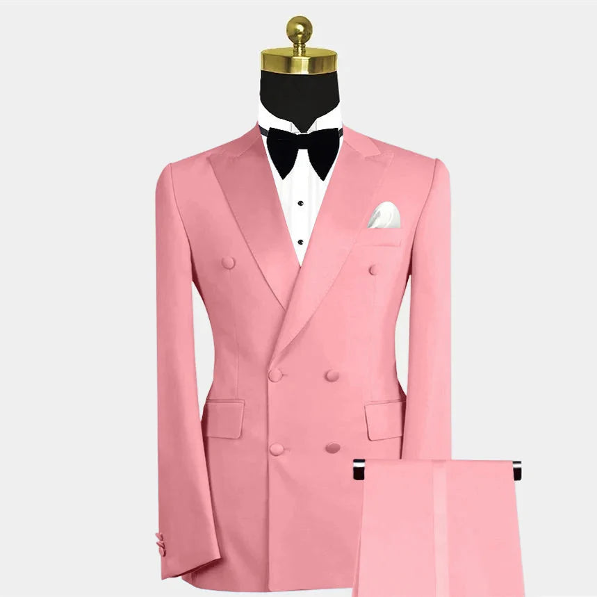 SHOWLU Blue double-breasted men's 2-piece slim fit suit for wedding, featuring tailored jacket and matching trousers.