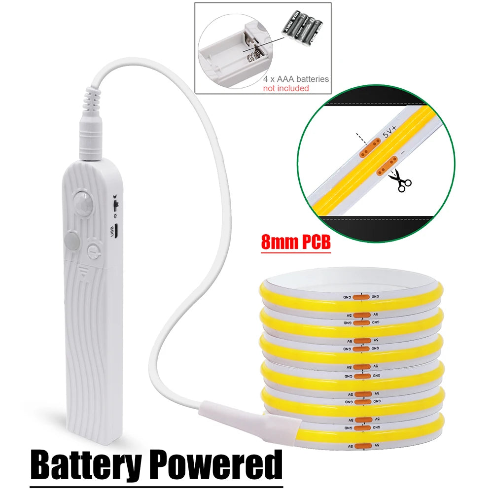 Showlu Smart Motion Sensor LED Strip Light with USB 5V, showcasing the flexible strip with motion detection feature and USB connection