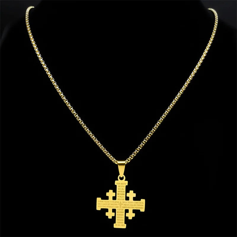 AFAWA Jerusalem Cross necklace with stainless steel Bible verse pendant, featuring intricate Christian cross design on a chain.
