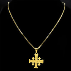 A gold-colored Jerusalem cross pendant necklace engraved with the Lord's Prayer on a link chain.