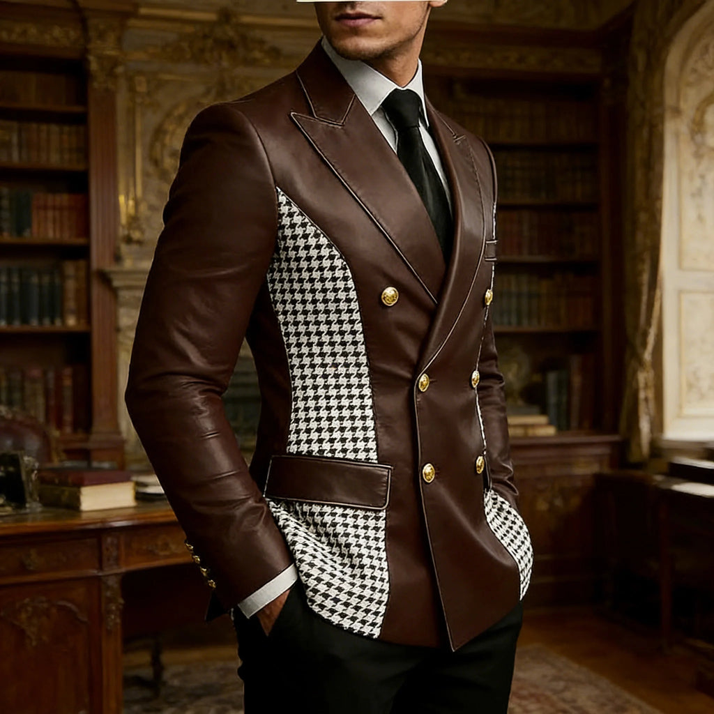 Men’s brown leather blazer with houndstooth sides, double-breasted fit, gold buttons, vintage style, slim fit leather tuxedo jacket.