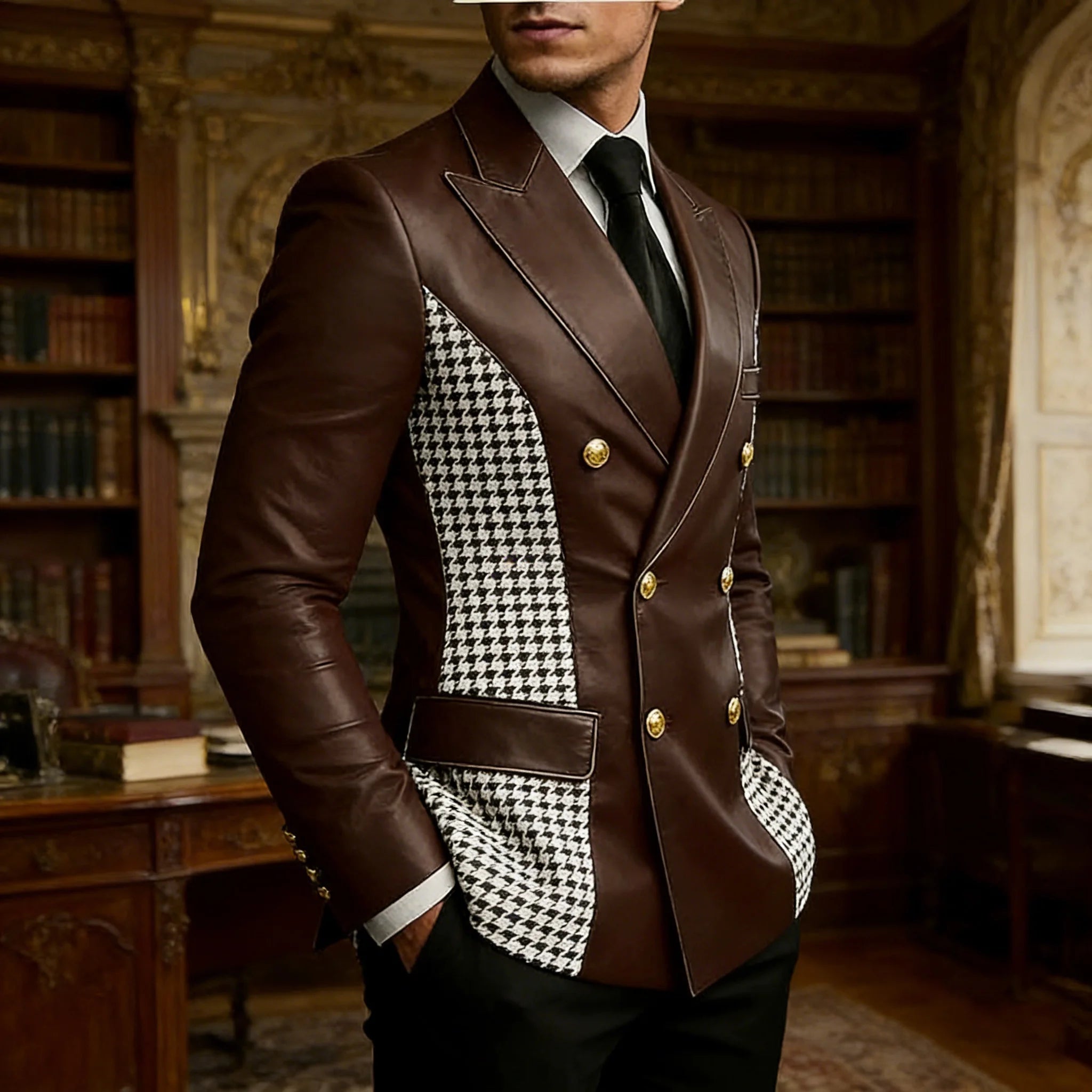 Men’s brown leather blazer with houndstooth sides, double-breasted fit, gold buttons, vintage style, slim fit leather tuxedo jacket.