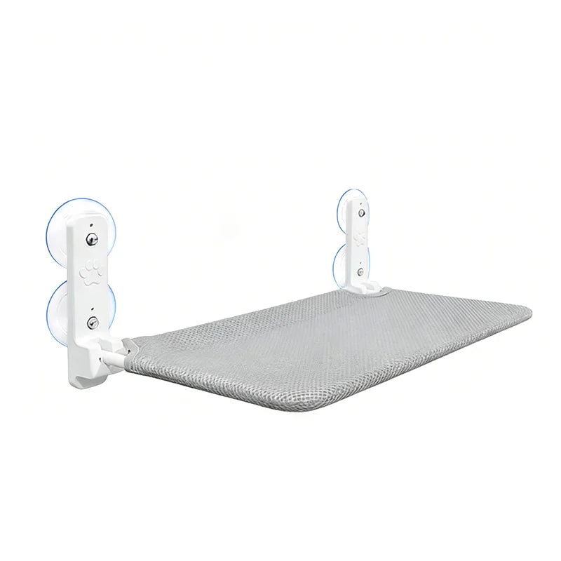Showlu Metal Cat Window Perch with suction cups, supports 15kg, featuring a metal frame and cozy hammock for feline lounging.