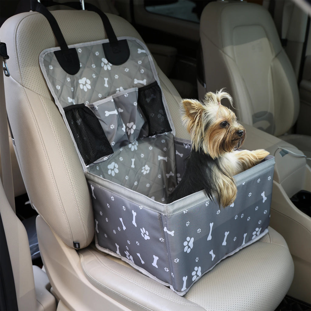 Showlu Portable Dog Car Booster Seat in nylon with safety harness and storage, designed for secure travel with small dogs.