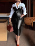 SHOWLU FASHION women's PU leather patchwork midi dress with belt, stylish and elegant, featuring a fitted silhouette and modern design.