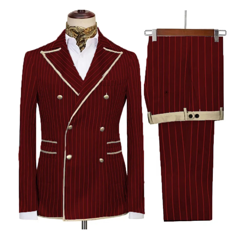 Showlu Fashion men's high-end striped double-breasted suit with peak lapel blazer and matching pants, slim fit formal tuxedo set