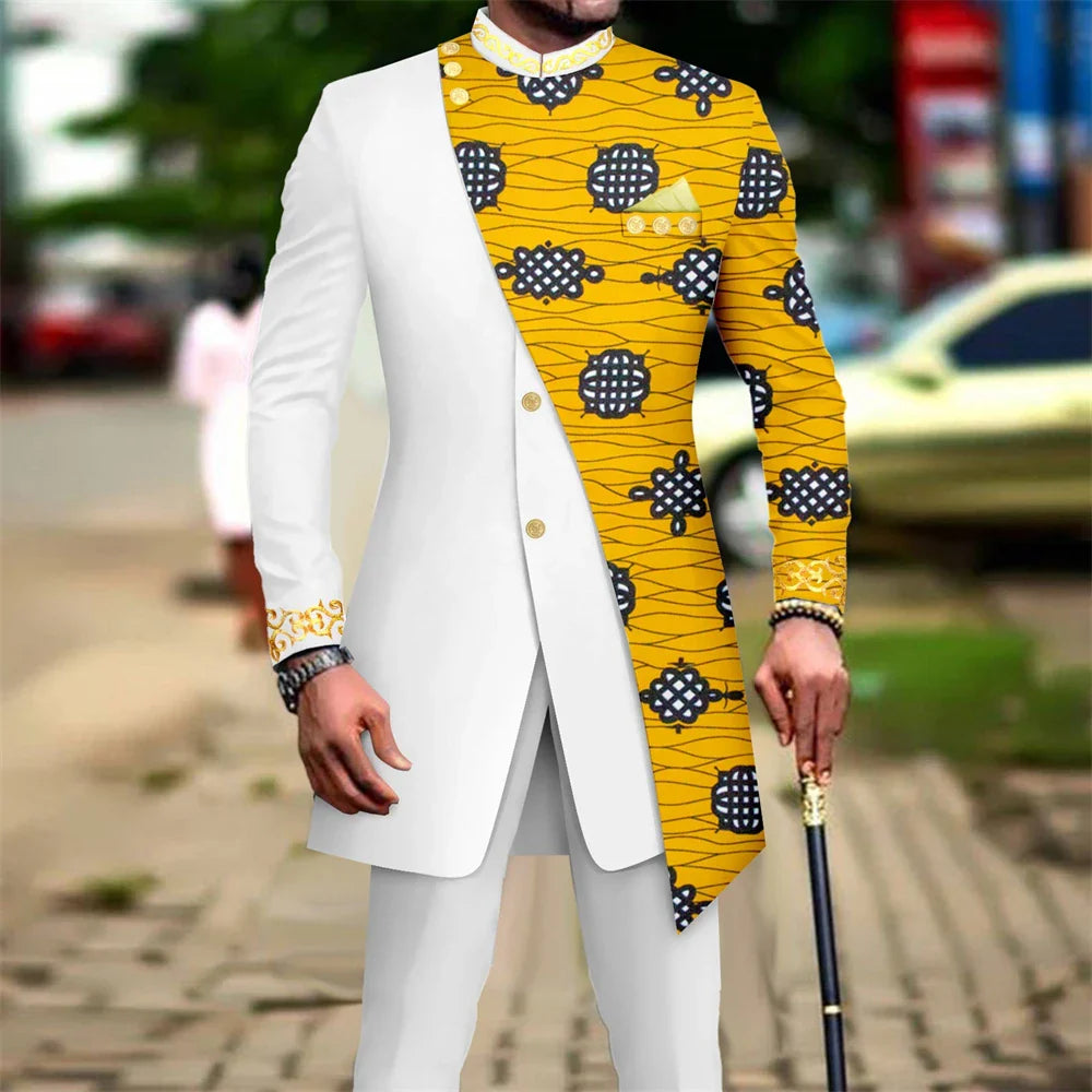 SHOWLU Men's African embroidery print suit, 2-piece slim fit wedding set with intricate embroidery and tailored design.