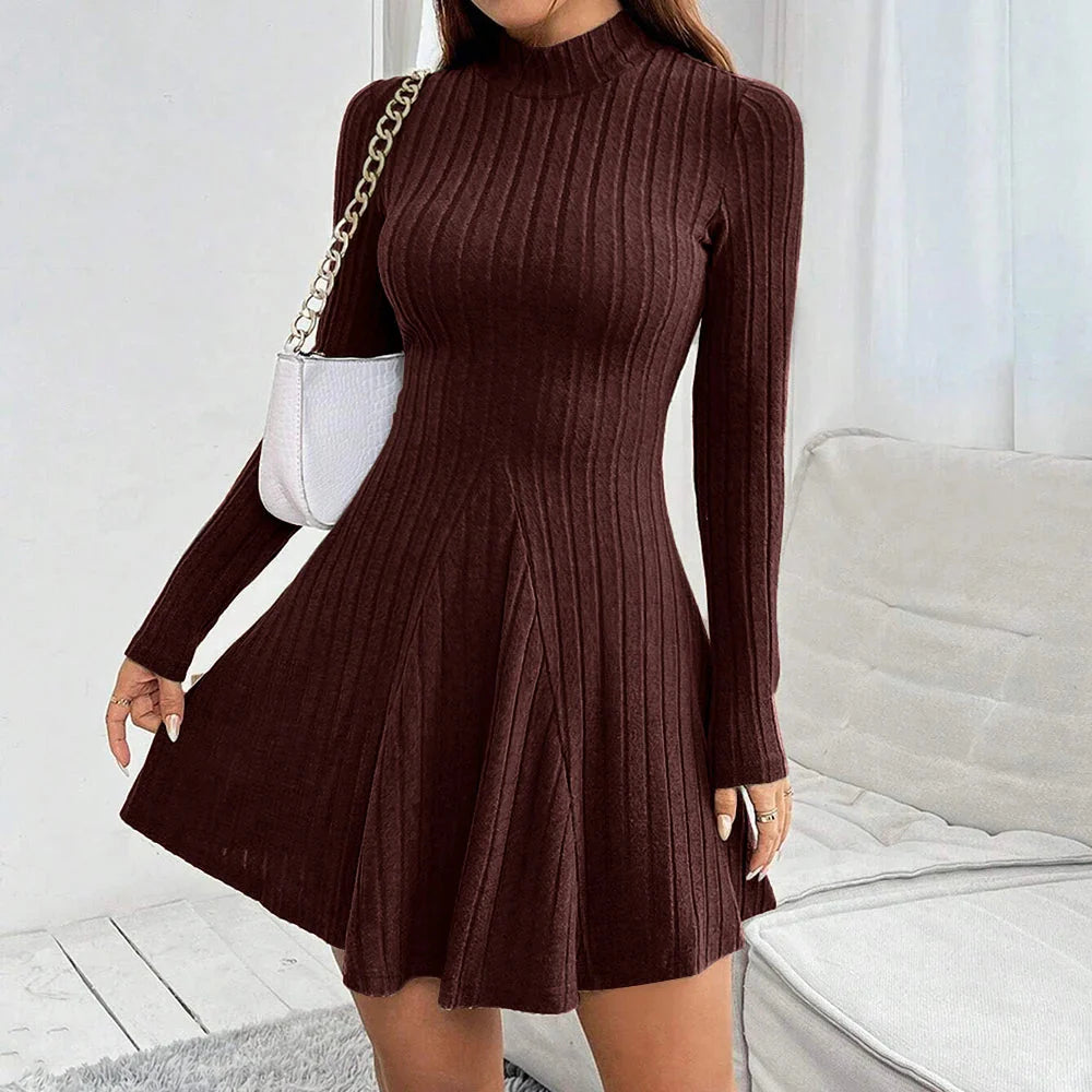Mia Muse women's long sleeve mock neck A-line mini casual dress in a stylish design, shown in a sleek black fabric
