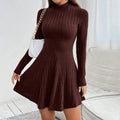 Mia Muse women's long sleeve mock neck A-line mini casual dress in a stylish design, shown in a sleek black fabric