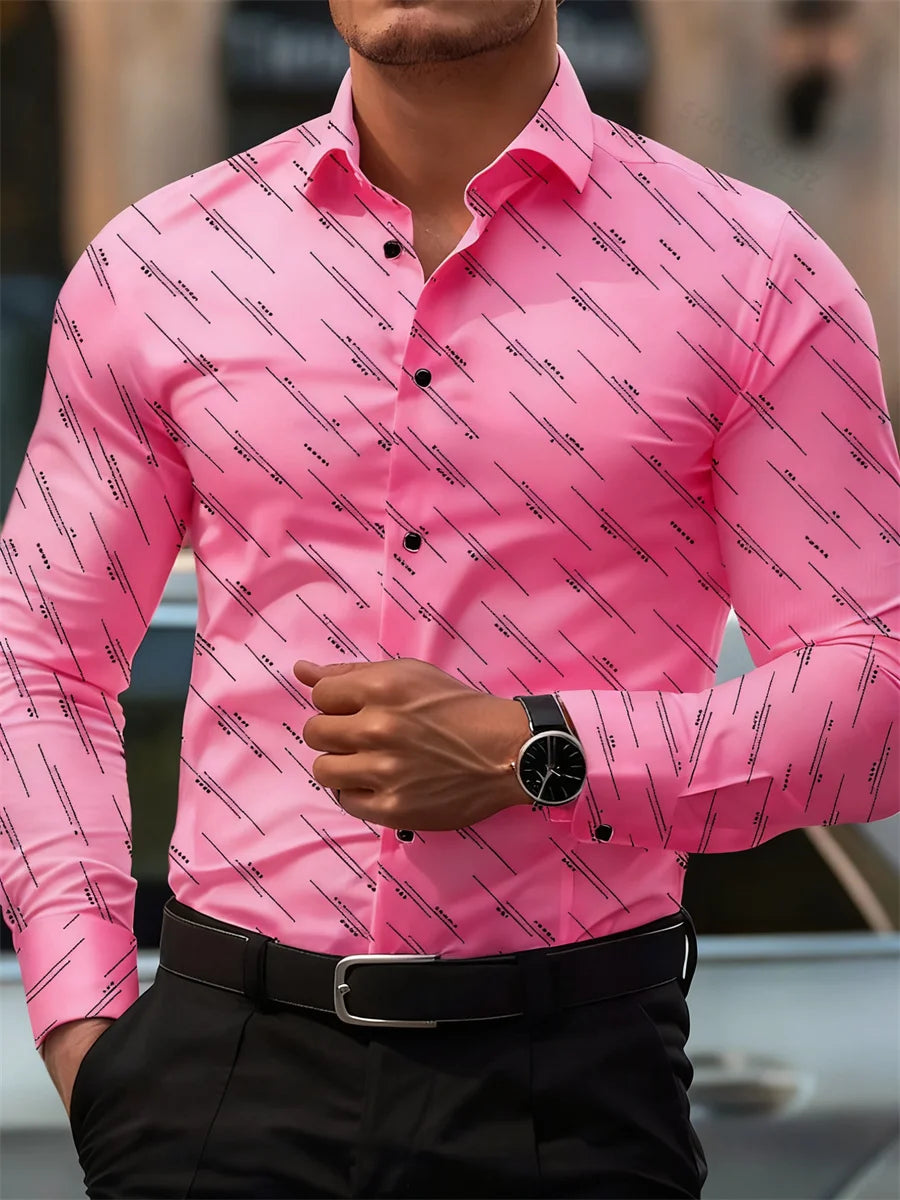Men's long sleeve shirt with geometric line print, Showlu Fashion Store, suitable for business, casual, outdoor, and daily wear.