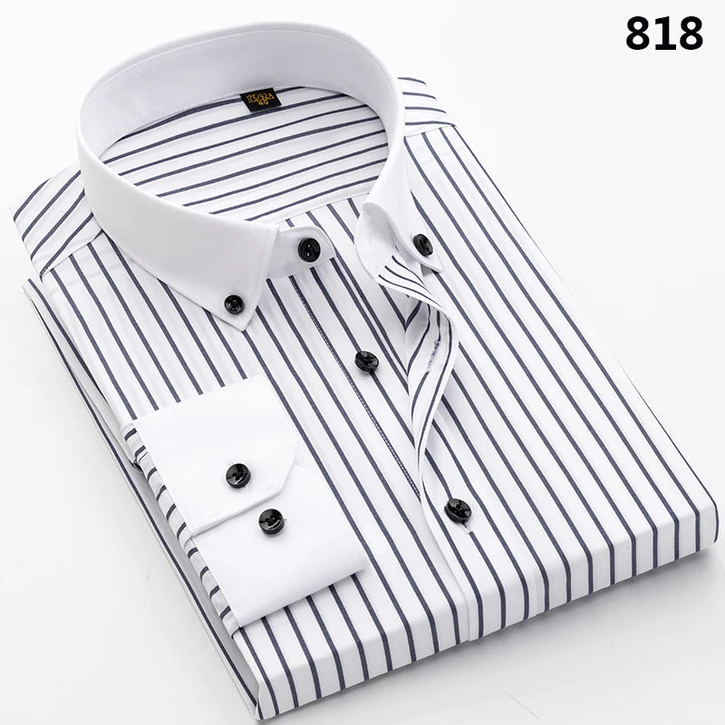 Men's slim fit cotton long-sleeve striped shirt with heterochromatic collar, wrinkle-resistant, high-end luxury style.
