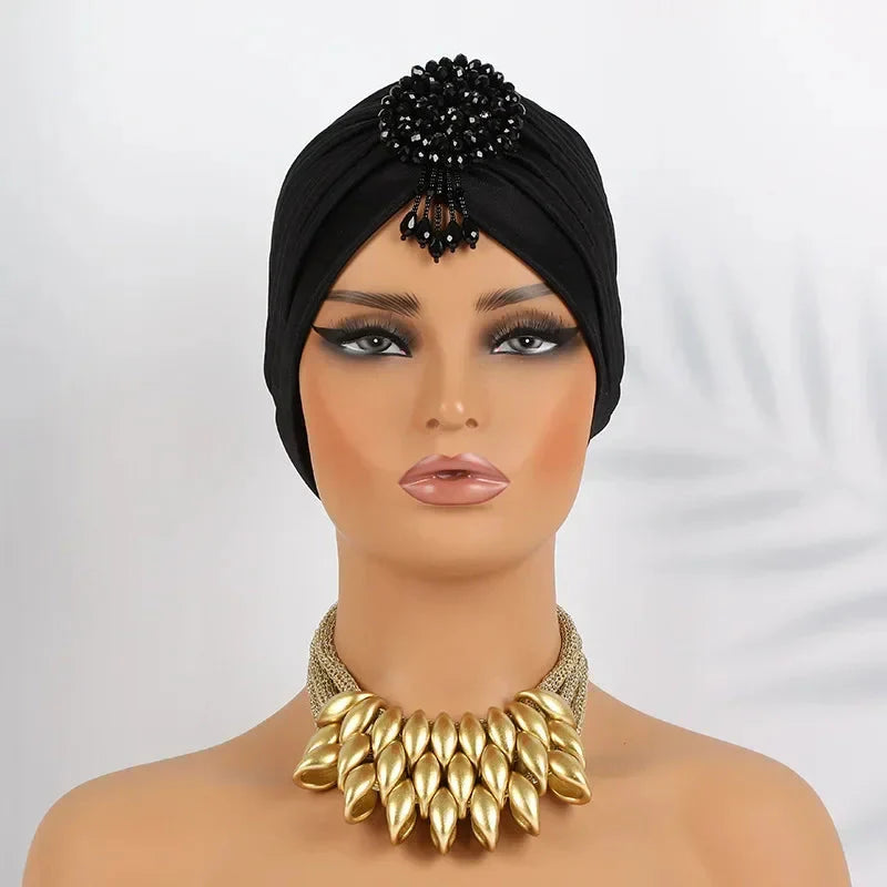 Showlu Fashion women's diamond pleated turban hijab chemo cap wrap, stylish head covering with elegant pleated design.