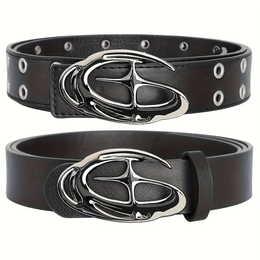 Men's punk alien buckle leather belt with vintage gothic Y2K style, designed for street fashion and pairable with jeans.