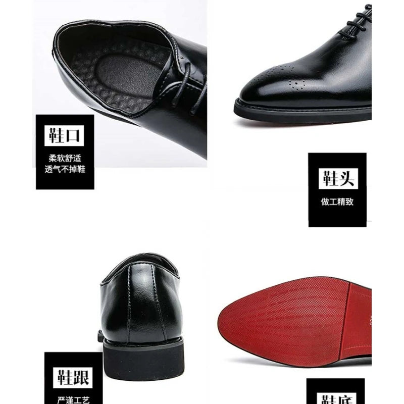 Men's black brogue shoes with red sole and lace-up design, formal business footwear from Showlu Fashion Store.