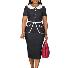 Church Dresses for Woman 2025 Elegant Women Office Outfits Peter Pan Collar Short Sleeve Waist Belt Patchwork Color Block Button