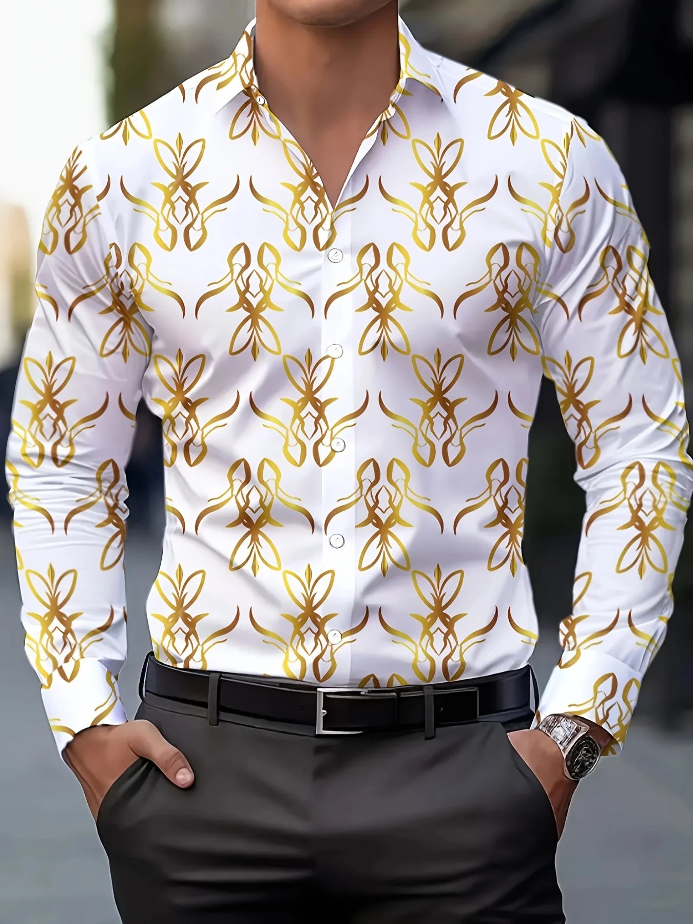 Men's stylish casual long sleeve breathable shirt with gradient design, turn-down collar, suitable for business or casual wear.