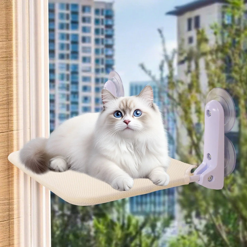 Showlu Cat Suction Cup Hammock hanging on window with double layer design, providing a cozy pet bed for cats