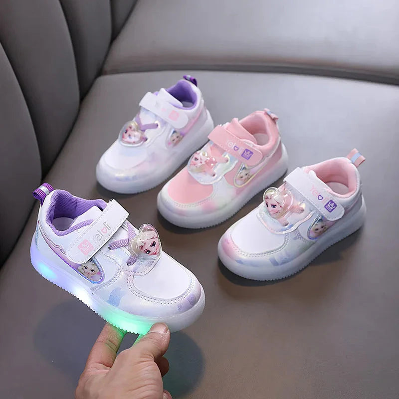 Disney Frozen Elsa girls' LED light-up sneakers with breathable sport shoes design, featuring Elsa and snowflake details.