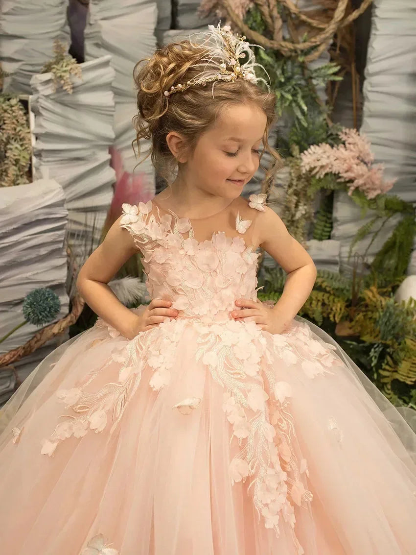 Flower girl dress by Showlu Fashion Store featuring 3D floral appliqué, tulle fabric, and a charming pageant gown design.