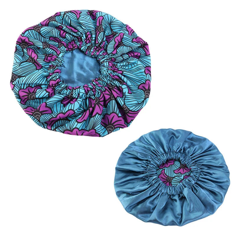 Women’s African Ankara print sleep cap with satin lining, soft, extra large headwrap for hair care and comfortable night wear.
