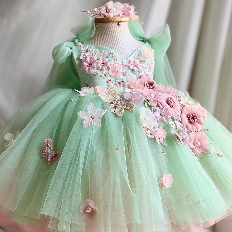 Baby girl dress with embroidery flower and big bow, puff skirt, perfect for weddings and Halloween, by Showlu Fashion Store.