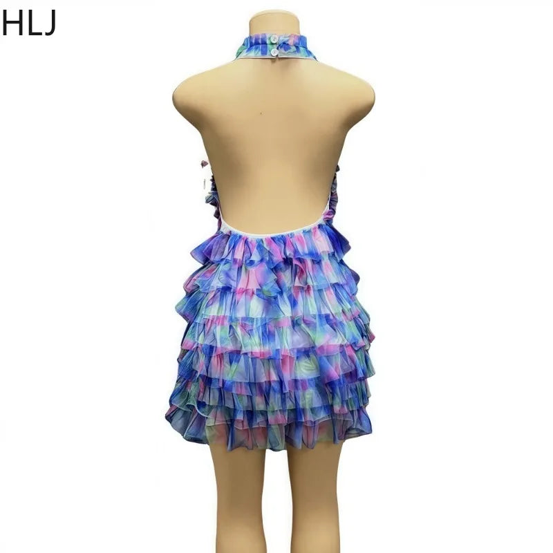 Showlu Fashion mesh ruched patchwork bodycon dress with halter backless design and gradient pattern for women, summer streetwear style.