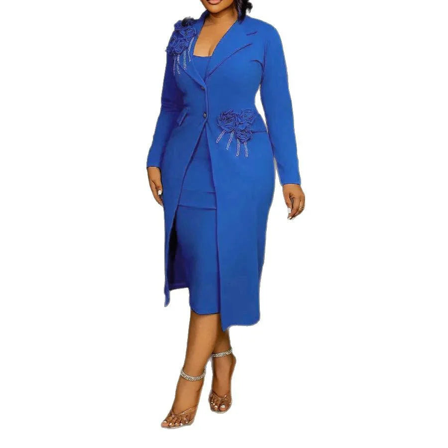 SHOWLU FASHION floral two-piece suit jacket and mid-calf dress with diamond accents, stylish and elegant women's outfit.