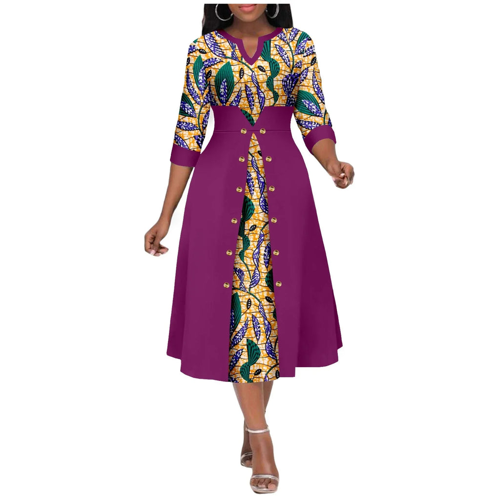 African Ankara print V-neck dress for women with cotton A-line midi skirt, stylish and comfortable SHOWLU FASHION STORE design