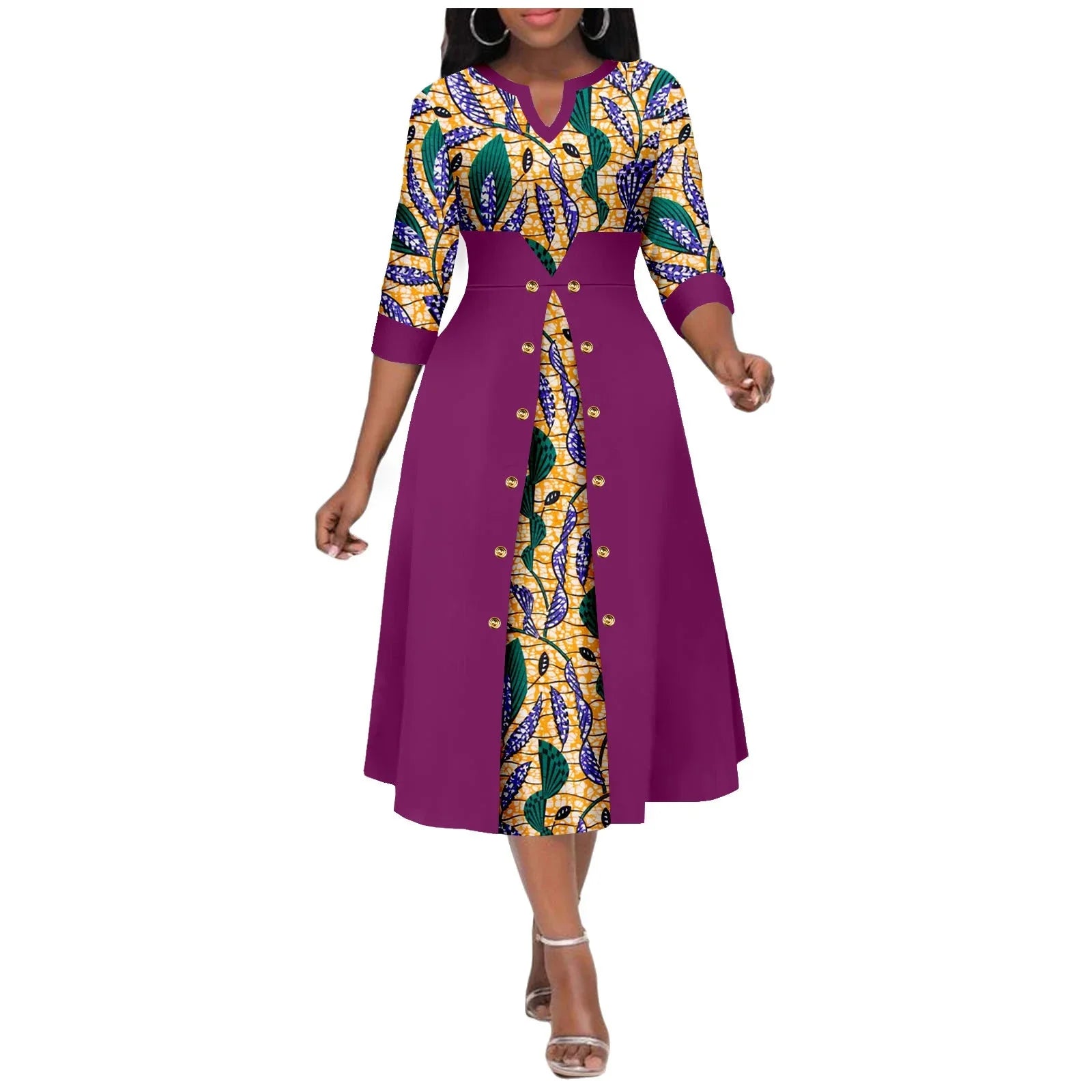 African Ankara print V-neck dress for women with cotton A-line midi skirt, stylish and comfortable SHOWLU FASHION STORE design