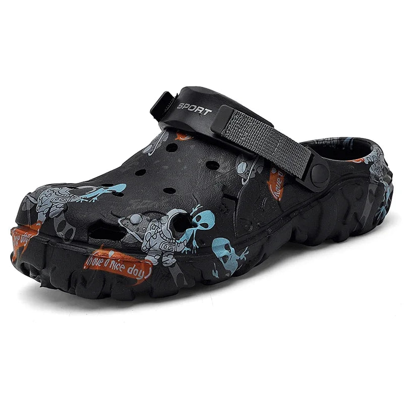 Men’s garden flat sandals with platform sole, outdoor flip flops, and clogs in neutral colors, perfect for summer wear.