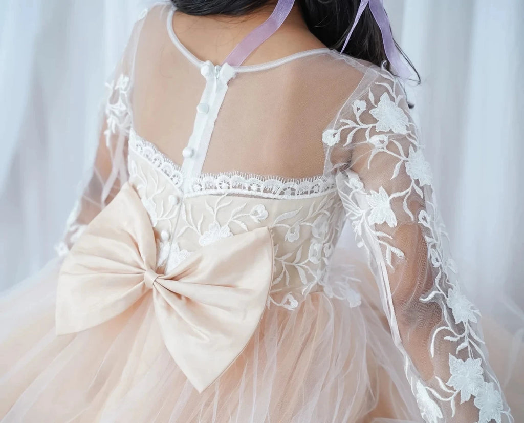 Lace flower girl dress by Showlu Fashion Store featuring floral tulle ball gown style for weddings, with delicate lace details.