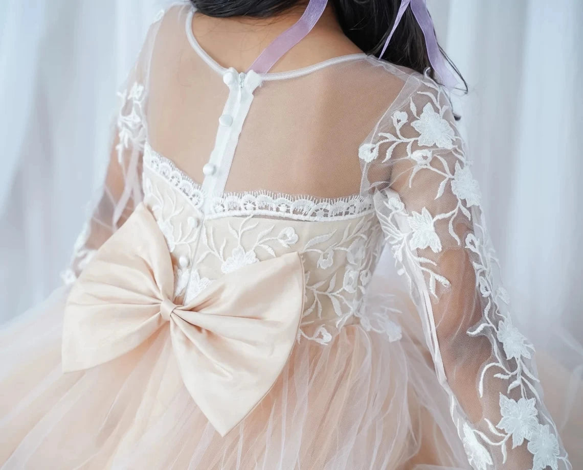 Lace flower girl dress by Showlu Fashion Store featuring floral tulle ball gown style for weddings, with delicate lace details.
