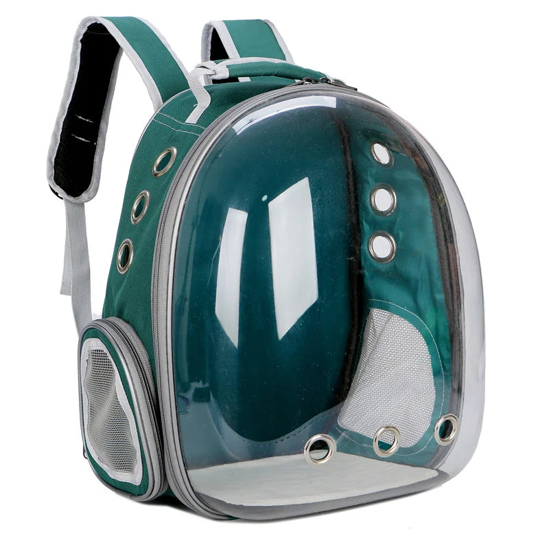 A green pet travel backpack with a transparent front shell and breathable mesh side panels.