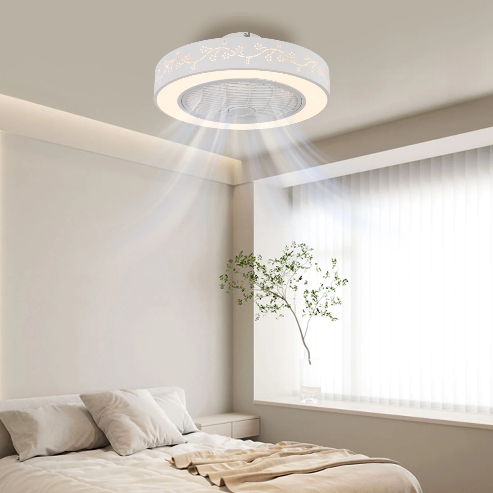 Showlu 55cm flush mount smart ceiling fan with dimmable LED light, modern design, and remote control for energy-efficient air circulation.