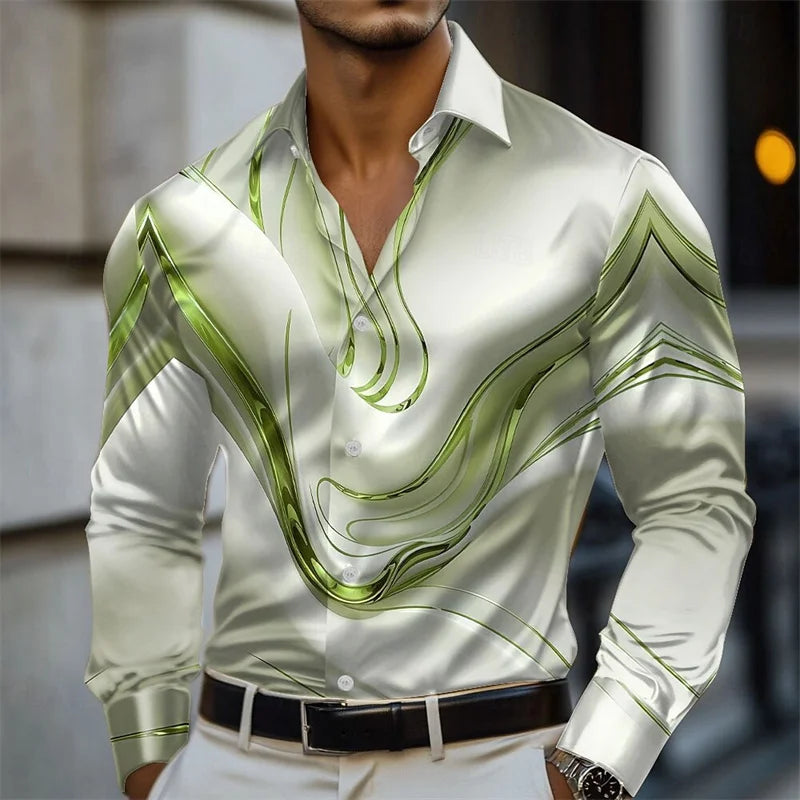 Men's abstract liquid art satin shirt with long sleeves in pink, blue, gold, and green, featuring a casual lapel design.