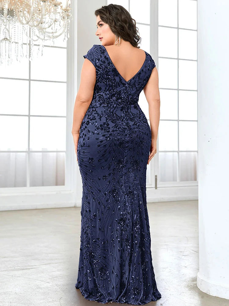 Blue sequin V-neck mermaid evening dress by SHOWLU FASHION STORE, long formal gown with fitted silhouette and elegant design.