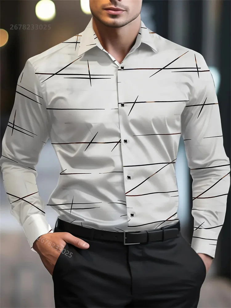 Men's long-sleeved casual shirt with geometric 3D print, lapel collar, large size, suitable for business and office wear.