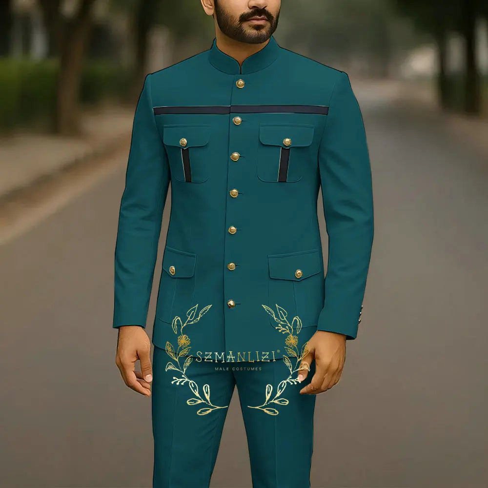 White men's Affrica style stand collar suit jacket and pants, elegant single-breasted wedding and party business attire.